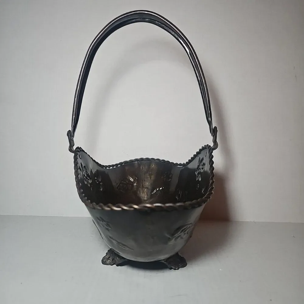 Antique Vintage Decorative Brown Metal Basket Embossed Leaves Handle